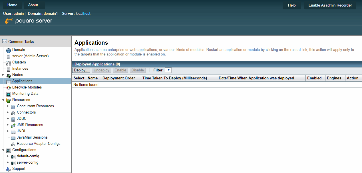 Payara Applications page