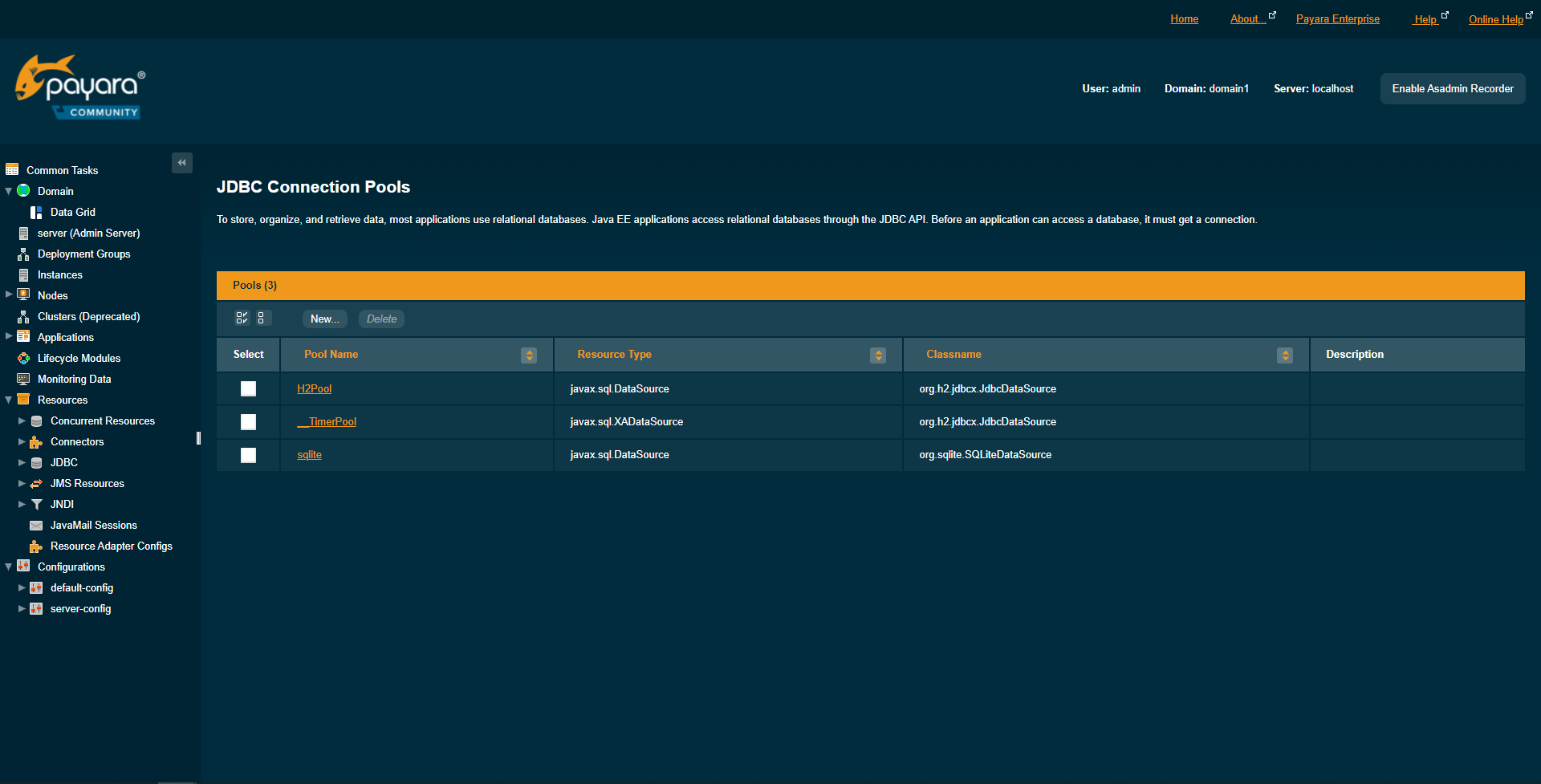 The Payara JDBC Connection Pools page