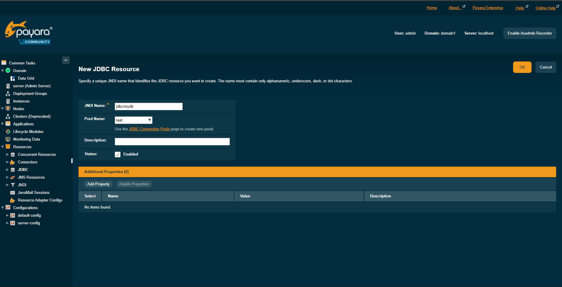 The payara JDBC New Resource page