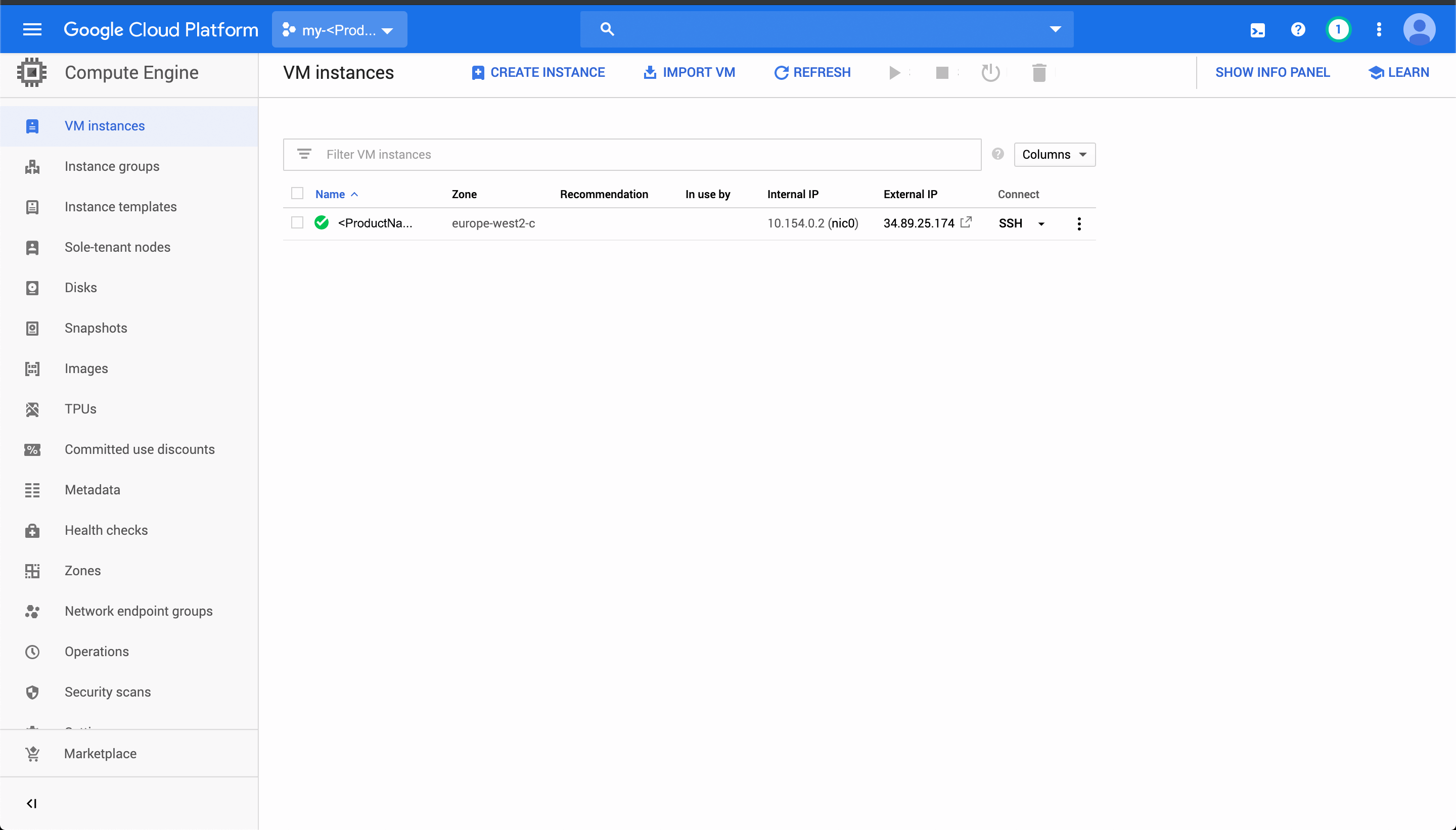 VM instances window
