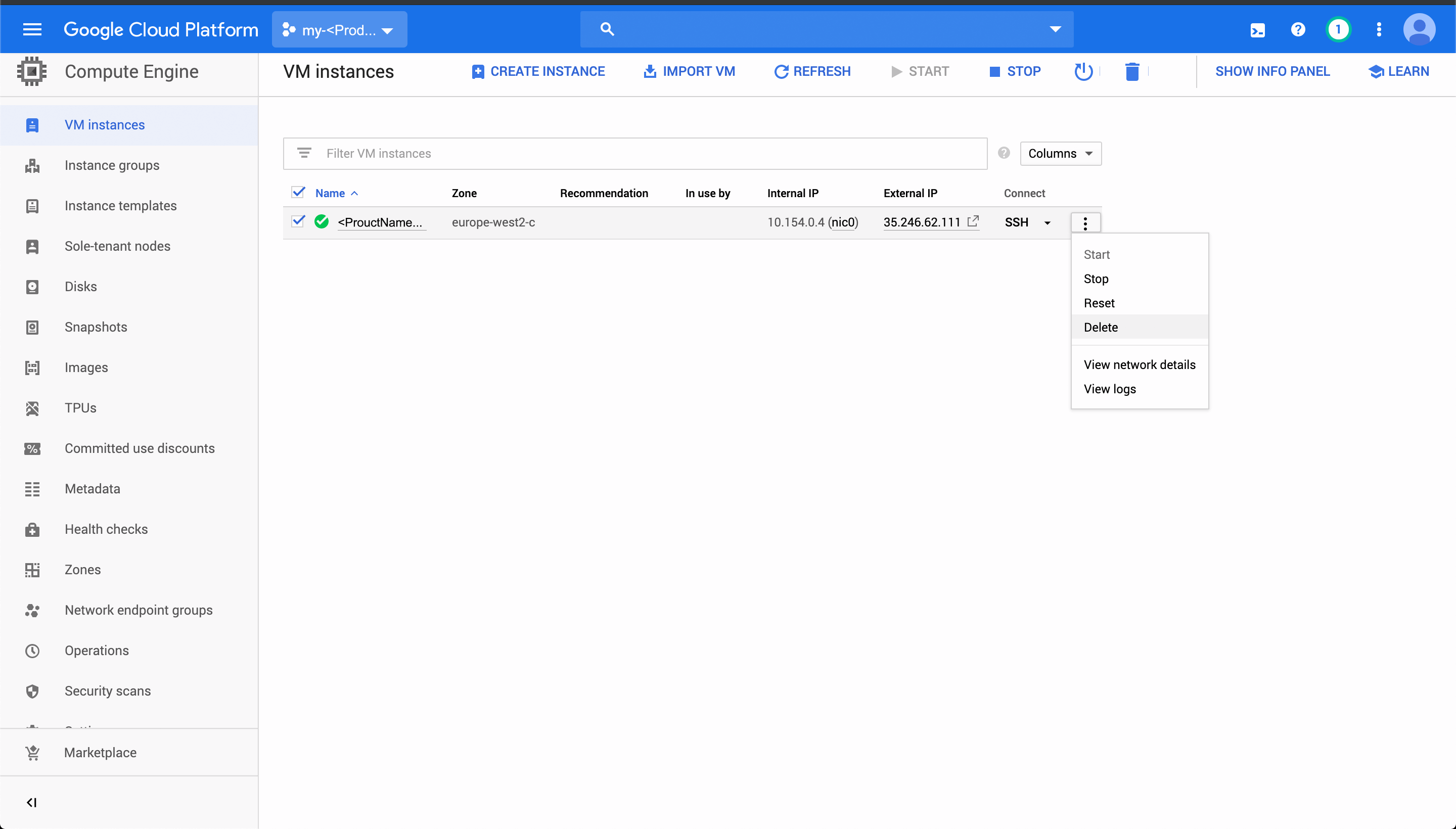 VM instances window